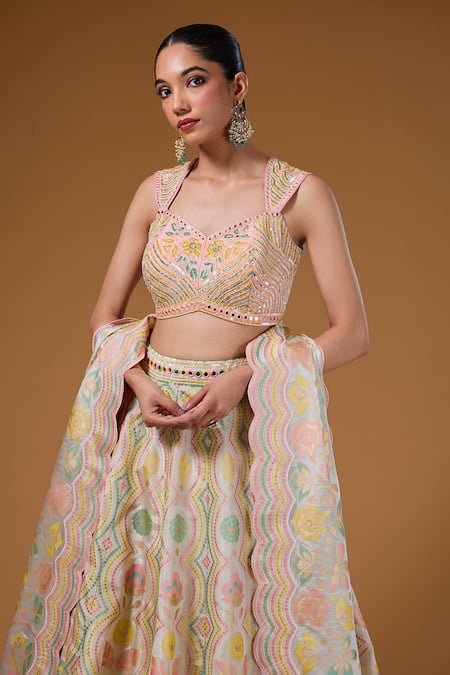 I Am Design_Ivory Silk Embroidery, Mirrors, Sequins Sweetheart Bouquet Print Lehenga Set _at_Aza_Fashions