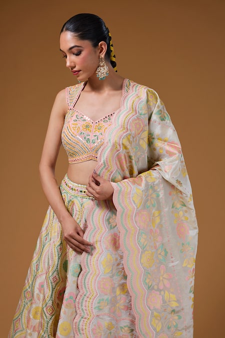Buy_I Am Design_Ivory Silk Embroidery, Mirrors, Sequins Sweetheart Bouquet Print Lehenga Set 