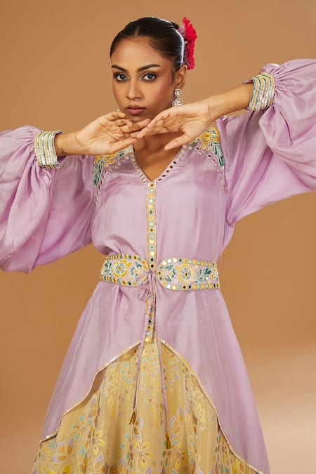 I Am Design_Gold Silk Foil Printing, Gota Patti, Embroidery, Bouquet Lehenga And Shirt Set _Online_at_Aza_Fashions