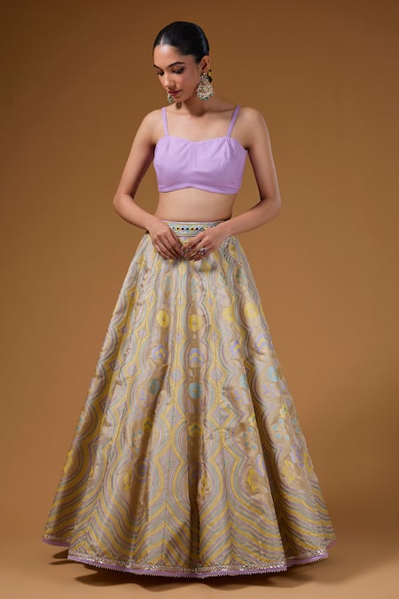 Buy_I Am Design_Gold Silk Foil Printing, Embroidery, Mirrors, Floral Lehenga And Shirt Set _Online_at_Aza_Fashions