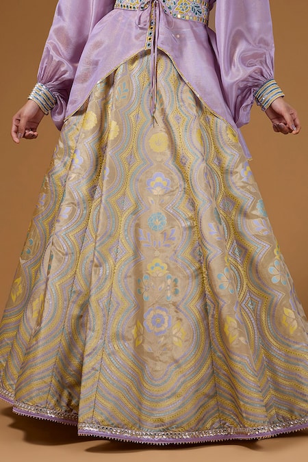 Shop_I Am Design_Gold Silk Foil Printing, Embroidery, Mirrors, Floral Lehenga And Shirt Set _Online_at_Aza_Fashions