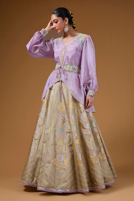 I Am Design_Gold Silk Foil Printing, Embroidery, Mirrors, Floral Lehenga And Shirt Set _at_Aza_Fashions