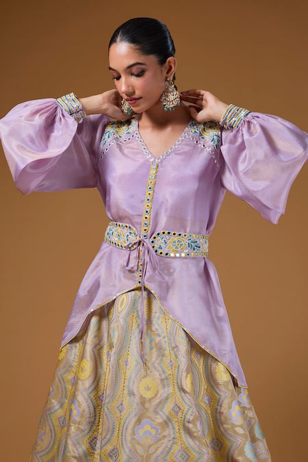 Buy_I Am Design_Gold Silk Foil Printing, Embroidery, Mirrors, Floral Lehenga And Shirt Set 