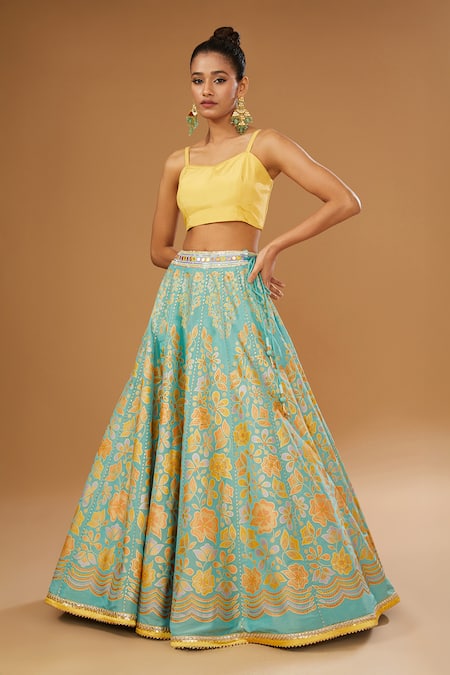 I Am Design_Mint Silk Gota Patti, Zari, Embroidery, Floral Print Lehenga And Kaftan Set _Online_at_Aza_Fashions