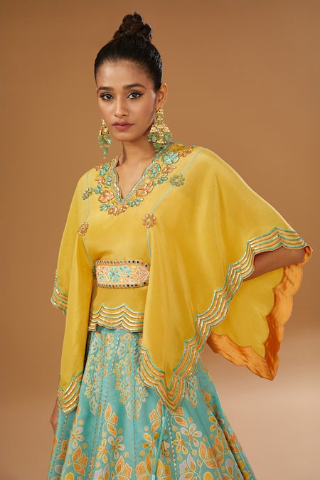 Buy_I Am Design_Mint Silk Gota Patti, Zari, Embroidery, Floral Print Lehenga And Kaftan Set _Online_at_Aza_Fashions