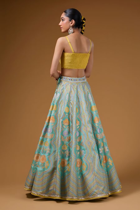 I Am Design_Mint Silk Embroidery, Sequins, Mirrors V-neck Floral Print Lehenga And Kaftan Set _Online_at_Aza_Fashions