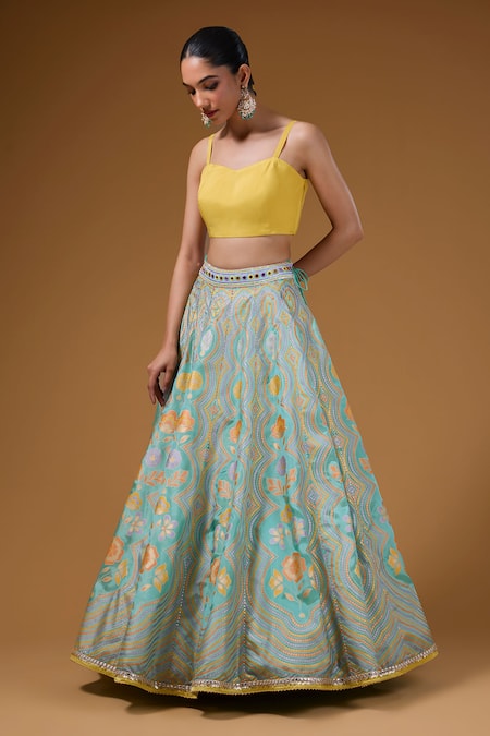 Buy_I Am Design_Mint Silk Embroidery, Sequins, Mirrors V-neck Floral Print Lehenga And Kaftan Set _Online_at_Aza_Fashions