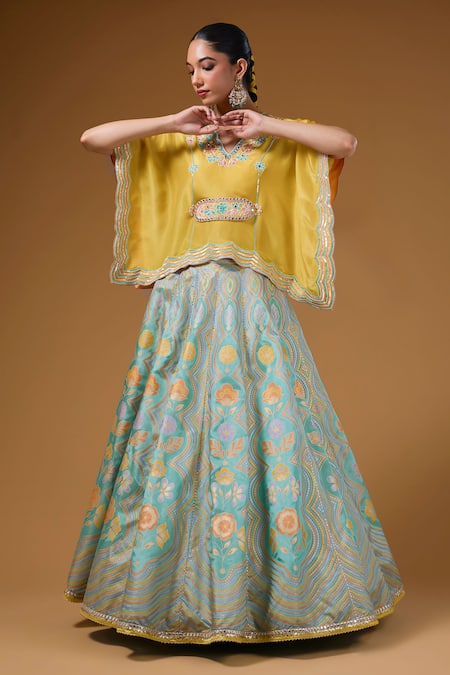 Shop_I Am Design_Mint Silk Embroidery, Sequins, Mirrors V-neck Floral Print Lehenga And Kaftan Set _Online_at_Aza_Fashions