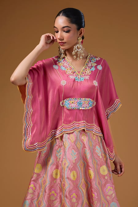 I Am Design_Purple Silk Embroidery, Mirrors, Sequins Floral And Scallop Print Lehenga Set _at_Aza_Fashions