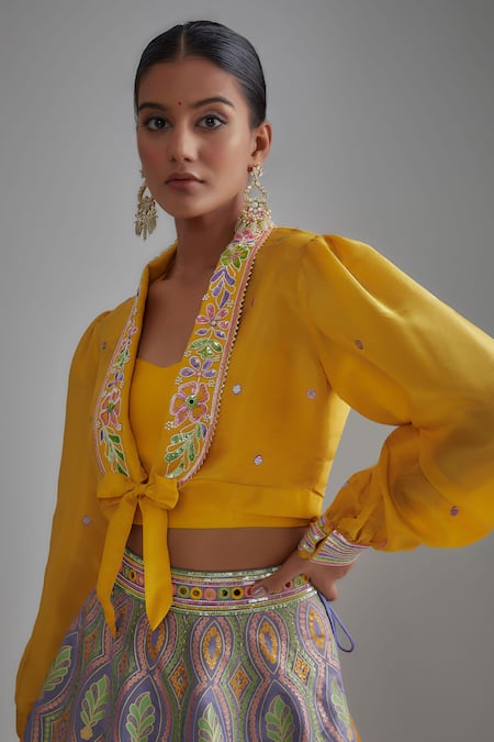 I Am Design_Purple Silk Mirrors, Sequins, Embroidery Floral And Scallop Print Lehenga Set _Online_at_Aza_Fashions