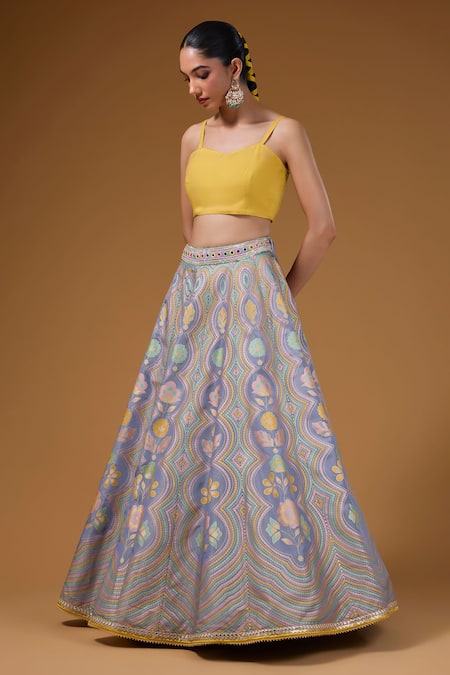 Buy_I Am Design_Purple Silk Mirrors, Sequins, Embroidery Floral And Scallop Print Lehenga Set _Online_at_Aza_Fashions