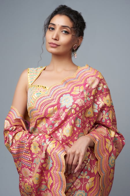 I Am Design_Pink Silk Zari, Embroidery, Mirrors, Sequins Floral Print Saree With Blouse _Online_at_Aza_Fashions