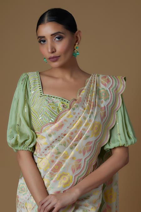 I Am Design_Ivory Silk Embroidery, Mirrors, Floral Print Saree With Puff Sleeve Blouse _Online_at_Aza_Fashions