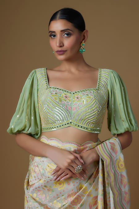 Buy_I Am Design_Ivory Silk Embroidery, Mirrors, Floral Print Saree With Puff Sleeve Blouse _Online_at_Aza_Fashions
