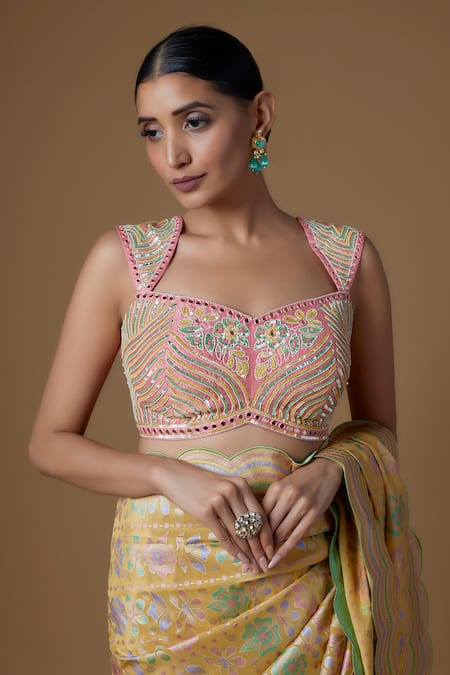 I Am Design_Yellow Silk Embroidery, Mirrors, Sequins Floral Print Saree With Blouse _Online_at_Aza_Fashions