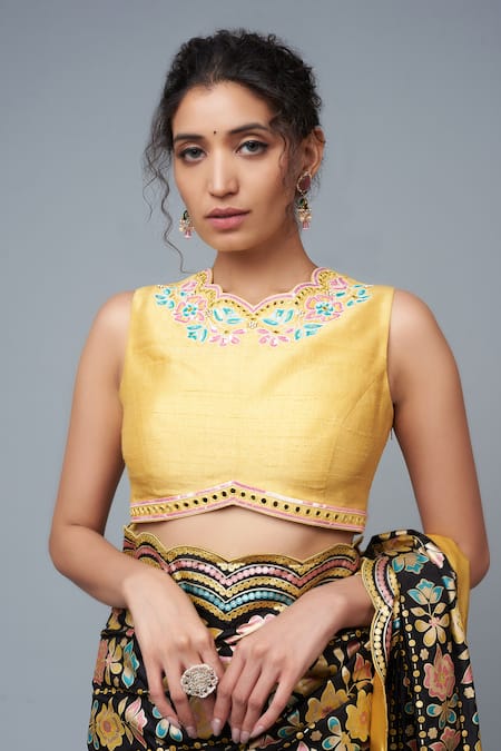 I Am Design_Black Silk Embroidery, Zari, Mirrors, Sequins Floret Print Saree With Blouse _Online_at_Aza_Fashions