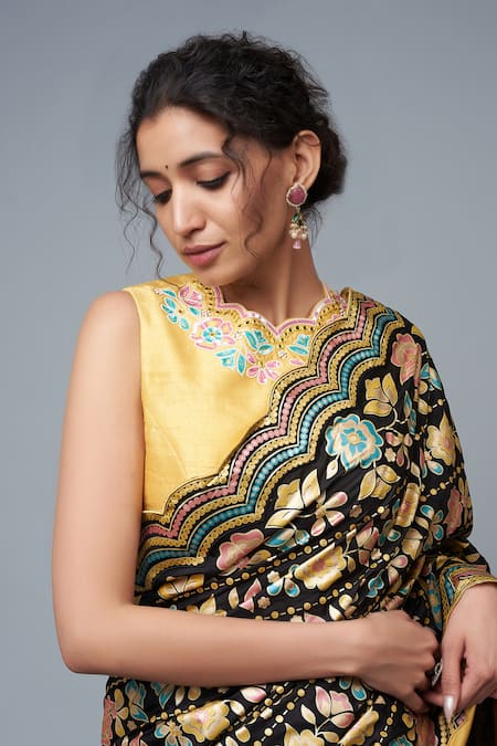 Buy_I Am Design_Black Silk Embroidery, Zari, Mirrors, Sequins Floret Print Saree With Blouse _Online_at_Aza_Fashions