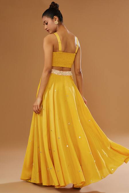 I Am Design_Yellow Silk Embroidery, Foil Printing, Floral Anarkali Jacket Skirt Set _Online_at_Aza_Fashions