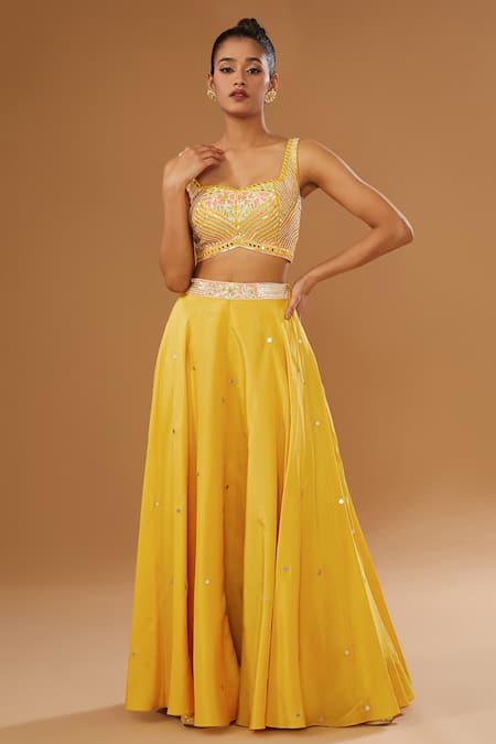 Buy_I Am Design_Yellow Silk Embroidery, Foil Printing, Floral Anarkali Jacket Skirt Set _Online_at_Aza_Fashions