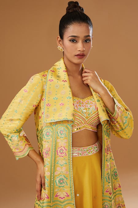 Shop_I Am Design_Yellow Silk Embroidery, Foil Printing, Floral Anarkali Jacket Skirt Set _Online_at_Aza_Fashions