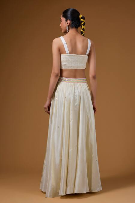 I Am Design_Ivory Silk Embroidery, Sequins, Mirrors Open Neck, Floral Print Jacket Skirt Set _Online_at_Aza_Fashions