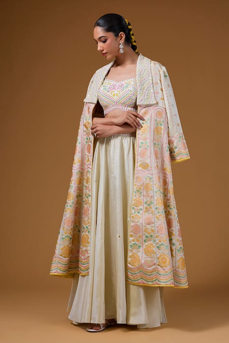 Buy_I Am Design_Ivory Silk Embroidery, Sequins, Mirrors Open Neck, Floral Print Jacket Skirt Set _Online_at_Aza_Fashions