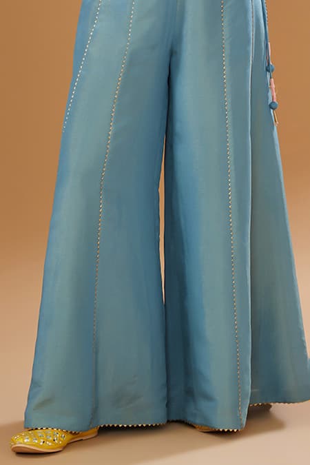 I Am Design_Blue Silk Embroidery, Mirrors, Sequins, Metallic Floral Print Jacket Palazzo Set _Online_at_Aza_Fashions