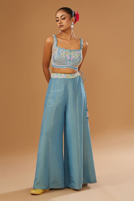 Shop_I Am Design_Blue Silk Embroidery, Mirrors, Sequins, Metallic Floral Print Jacket Palazzo Set _Online_at_Aza_Fashions