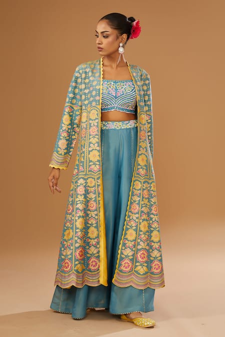I Am Design_Blue Silk Embroidery, Mirrors, Sequins, Metallic Floral Print Jacket Palazzo Set _at_Aza_Fashions