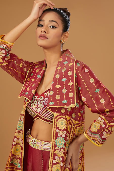 I Am Design Red Silk Embroidery, Mirrors, Sequins Open Neck, Floral Print Jacket Palazzo Set Online at Aza Fashions I Am Design_Red Silk Embroidery, Mirrors, Sequins Open Neck, Floral Print Jacket Palazzo Set _Online_at_Aza_Fashions