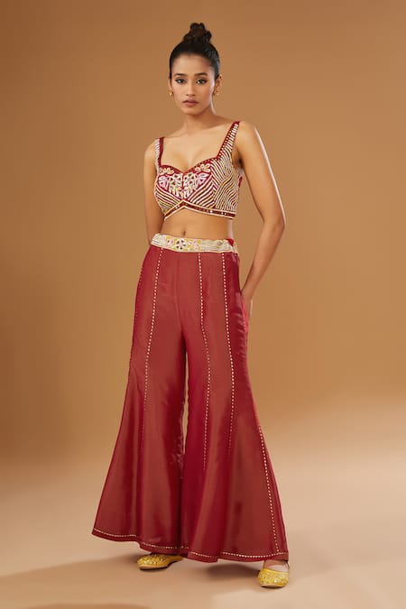 Buy I Am Design Red Silk Embroidery, Mirrors, Sequins Open Neck, Floral Print Jacket Palazzo Set Online at Aza Fashions Buy_I Am Design_Red Silk Embroidery, Mirrors, Sequins Open Neck, Floral Print Jacket Palazzo Set _Online_at_Aza_Fashions