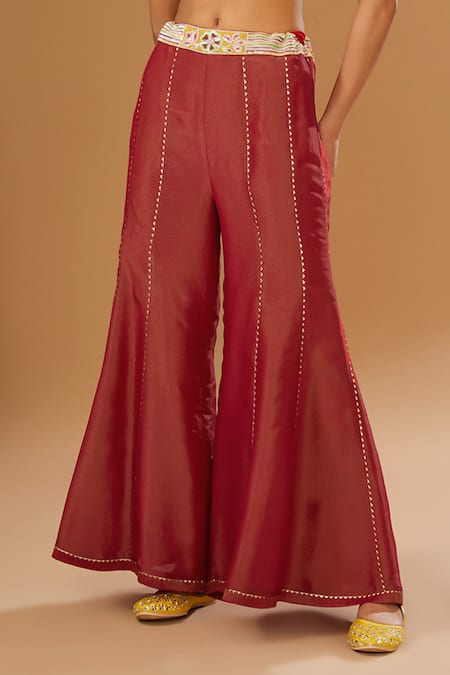 Shop I Am Design Red Silk Embroidery, Mirrors, Sequins Open Neck, Floral Print Jacket Palazzo Set Online at Aza Fashions Shop_I Am Design_Red Silk Embroidery, Mirrors, Sequins Open Neck, Floral Print Jacket Palazzo Set _Online_at_Aza_Fashions