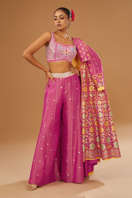 I Am Design_Pink Silk Embroidery, Mirrors, Sequins Open Neck, Flora Print Jacket Palazzo Set _Online_at_Aza_Fashions