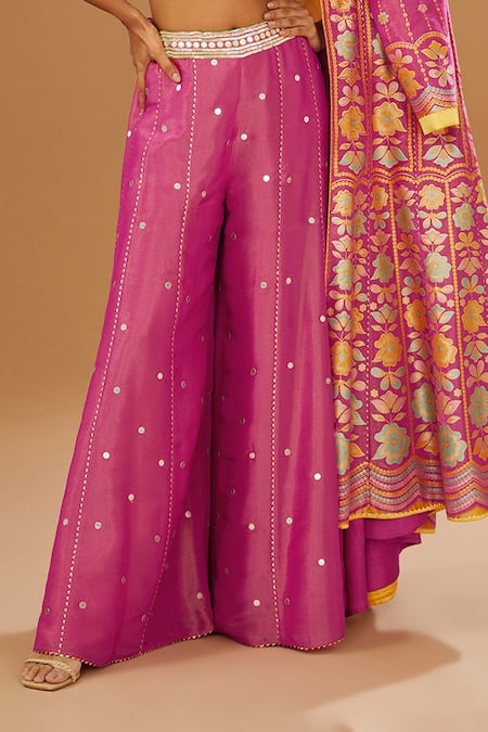 Buy_I Am Design_Pink Silk Embroidery, Mirrors, Sequins Open Neck, Flora Print Jacket Palazzo Set _Online_at_Aza_Fashions
