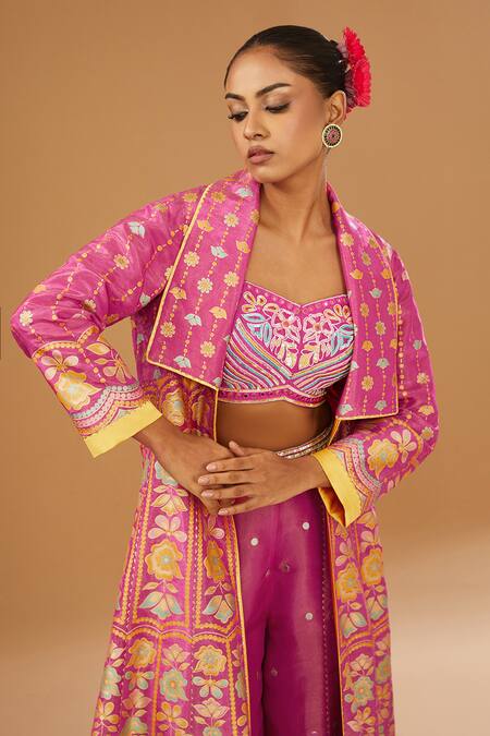 Shop_I Am Design_Pink Silk Embroidery, Mirrors, Sequins Open Neck, Flora Print Jacket Palazzo Set _Online_at_Aza_Fashions