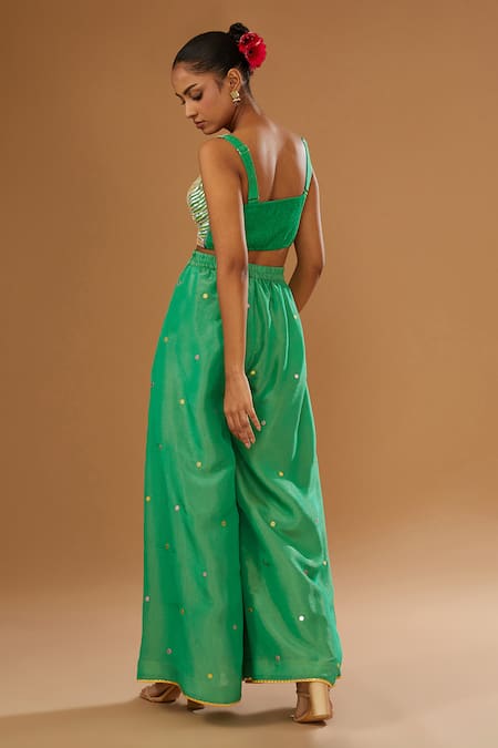 I Am Design Green Silk Embroidery, Mirrors, Sequins Open Flower Print Jacket Palazzo Set Online at Aza Fashions I Am Design_Green Silk Embroidery, Mirrors, Sequins Open Flower Print Jacket Palazzo Set _Online_at_Aza_Fashions