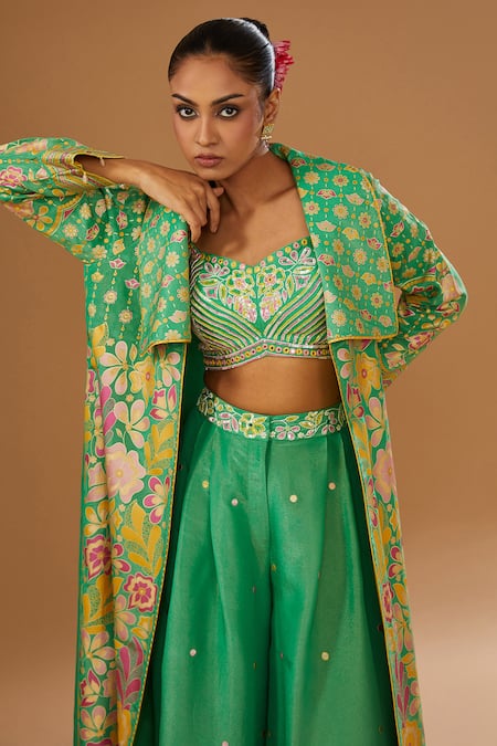 Buy I Am Design Green Silk Embroidery, Mirrors, Sequins Open Flower Print Jacket Palazzo Set Online at Aza Fashions Buy_I Am Design_Green Silk Embroidery, Mirrors, Sequins Open Flower Print Jacket Palazzo Set _Online_at_Aza_Fashions