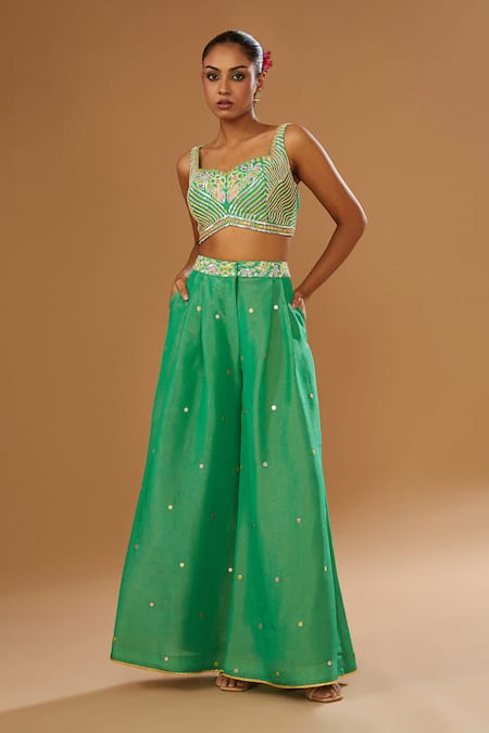 Shop I Am Design Green Silk Embroidery, Mirrors, Sequins Open Flower Print Jacket Palazzo Set Online at Aza Fashions Shop_I Am Design_Green Silk Embroidery, Mirrors, Sequins Open Flower Print Jacket Palazzo Set _Online_at_Aza_Fashions