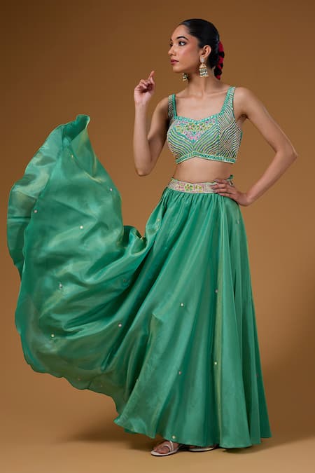 I Am Design_Green Silk Embroidery, Mirrors, Sequins Flower Print Anarkali Jacket Skirt Set _Online_at_Aza_Fashions