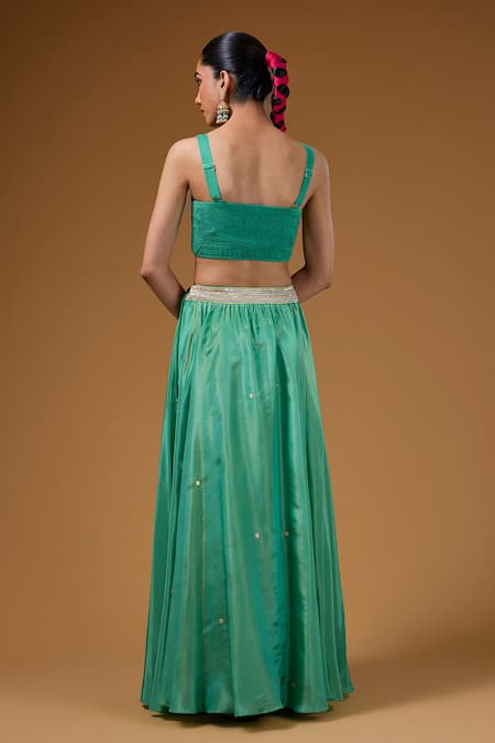 Buy_I Am Design_Green Silk Embroidery, Mirrors, Sequins Flower Print Anarkali Jacket Skirt Set _Online_at_Aza_Fashions