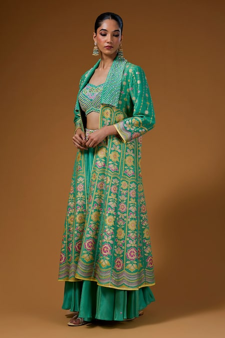 Shop_I Am Design_Green Silk Embroidery, Mirrors, Sequins Flower Print Anarkali Jacket Skirt Set _Online_at_Aza_Fashions