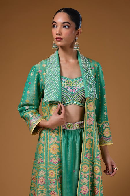 I Am Design_Green Silk Embroidery, Mirrors, Sequins Flower Print Anarkali Jacket Skirt Set _at_Aza_Fashions