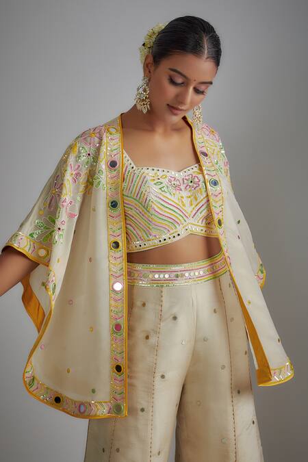 Shop I Am Design Ivory Silk Mirrors, Sequins, Embroidery Open Neck, Printed Palazzo And Cape Set Online at Aza Fashions Shop_I Am Design_Ivory Silk Mirrors, Sequins, Embroidery Open Neck, Printed Palazzo And Cape Set _Online_at_Aza_Fashions