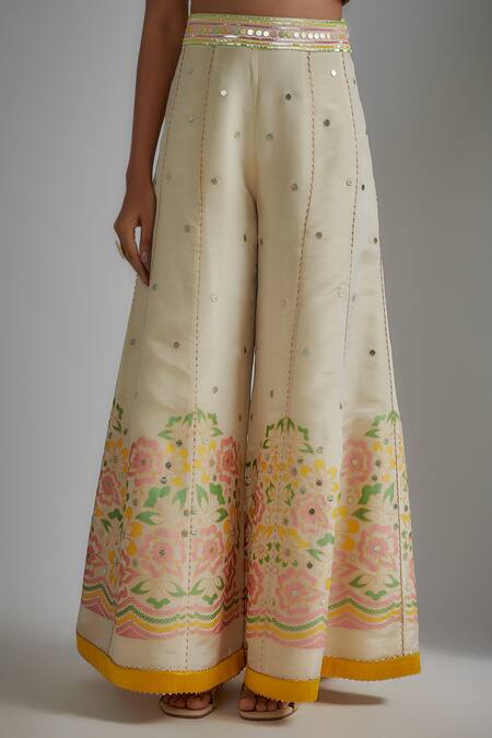 I Am Design Ivory Silk Mirrors, Sequins, Embroidery Open Neck, Printed Palazzo And Cape Set at Aza Fashions I Am Design_Ivory Silk Mirrors, Sequins, Embroidery Open Neck, Printed Palazzo And Cape Set _at_Aza_Fashions