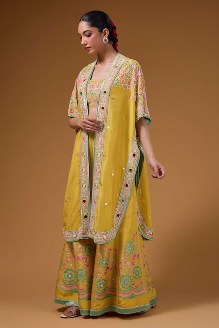 I Am Design_Yellow Silk Embroidery, Mirrors, Sequins Open Neck, Printed Palazzo And Cape Set _Online_at_Aza_Fashions