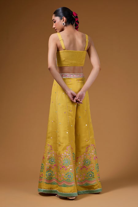 Buy_I Am Design_Yellow Silk Embroidery, Mirrors, Sequins Open Neck, Printed Palazzo And Cape Set _Online_at_Aza_Fashions