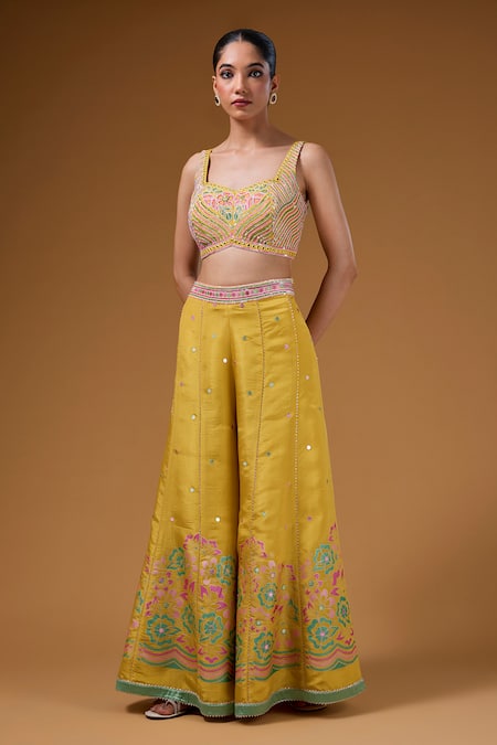 Shop_I Am Design_Yellow Silk Embroidery, Mirrors, Sequins Open Neck, Printed Palazzo And Cape Set _Online_at_Aza_Fashions