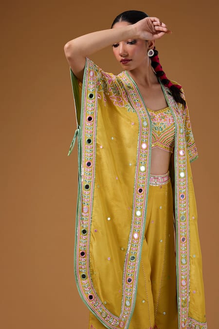 I Am Design_Yellow Silk Embroidery, Mirrors, Sequins Open Neck, Printed Palazzo And Cape Set _at_Aza_Fashions
