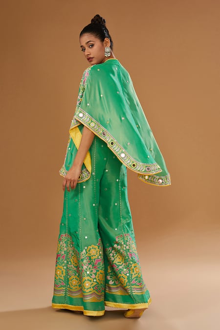 I Am Design_Green Silk Embroidery, Sequins, Mirrors Open Printed Palazzo And Short Cape Set _Online_at_Aza_Fashions