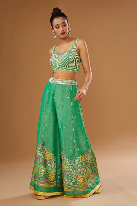 Buy_I Am Design_Green Silk Embroidery, Sequins, Mirrors Open Printed Palazzo And Short Cape Set _Online_at_Aza_Fashions